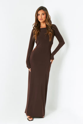 Ellen Chocolate Cut Out Back Slinky Maxi Dress Ellen Chocolate Cut Out Back Slinky Maxi Dress