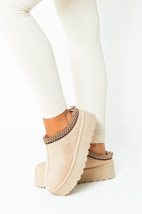 Emily Beige Platform Faux Fur Lined Slip On Boots Emily Beige Platform Faux Fur Lined Slip On Boots