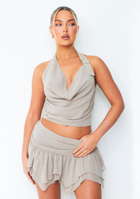 Natalie Mocha Buckle Tie Halter Neck Cowl Top Natalie Mocha Buckle Tie Halter Neck Cowl Top