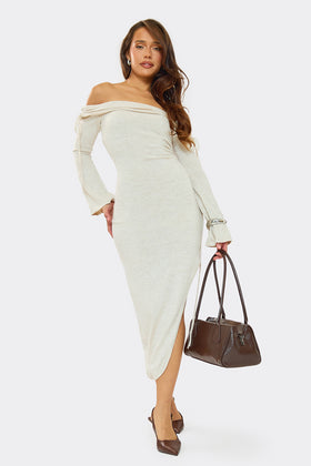 Jessy Beige Fold Over Side Ruched Midi Dress Jessy Beige Fold Over Side Ruched Midi Dress