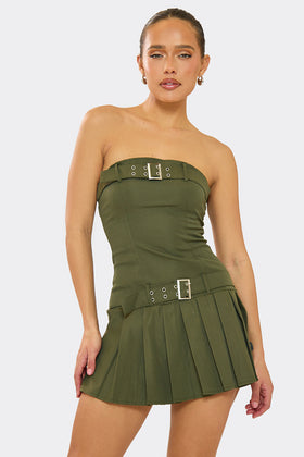 Amelia Khaki Bandeau Pleated Skirt Belt Detail Mini Dress Amelia Khaki Bandeau Pleated Skirt Belt Detail Mini Dress