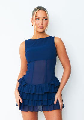 Lola Navy Ruffle Lace Up Back Mini Dress Lola Navy Ruffle Lace Up Back Mini Dress