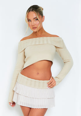 Luna Beige Off Shoulder Fold Over Knitted Jumper Luna Beige Off Shoulder Fold Over Knitted Jumper