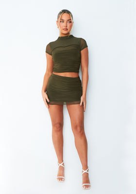 Julia Khaki Mesh Panel Mini Skirt Julia Khaki Mesh Panel Mini Skirt