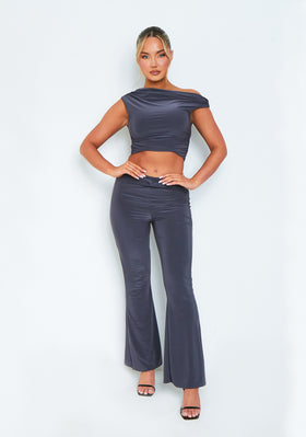 Danielle Charcoal Slinky High Waisted Flared Trousers Danielle Charcoal Slinky High Waisted Flared Trousers