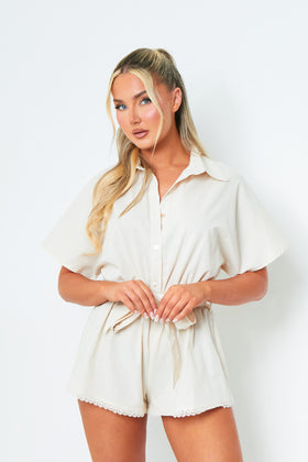 Charley Beige Tie Waist Plunge V Neck Playsuit Charley Beige Tie Waist Plunge V Neck Playsuit