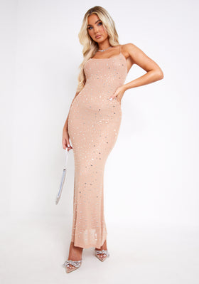 Louisa Nude Rhinestone Embellished Mesh Maxi Dress Louisa Nude Rhinestone Embellished Mesh Maxi Dress