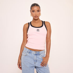 Scoop Neck Contrast Trim Logo Detail Vest Top In Pink Scoop Neck Contrast Trim Logo Detail Vest Top In Pink
