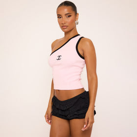 One Shoulder Contrast Trim Logo Detail Vest Top In Pink One Shoulder Contrast Trim Logo Detail Vest Top In Pink