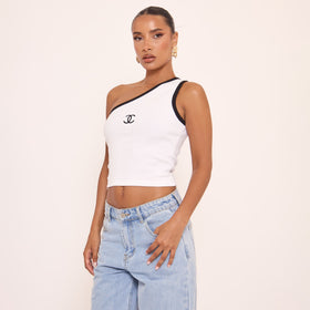 One Shoulder Contrast Trim Logo Detail Vest Top In White One Shoulder Contrast Trim Logo Detail Vest Top In White