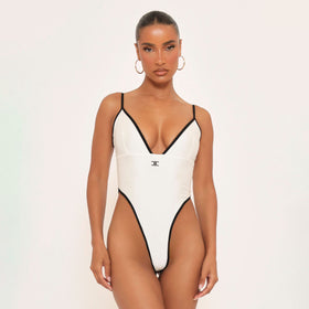 Plunge Front High Leg Contrast Trim Detail Logo Swimsuit In White Plunge Front High Leg Contrast Trim Detail Logo Swimsuit In White