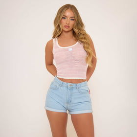 Scoop Neck Contrast Trim Logo Patch Detail Vest Top In Pink Scoop Neck Contrast Trim Logo Patch Detail Vest Top In Pink