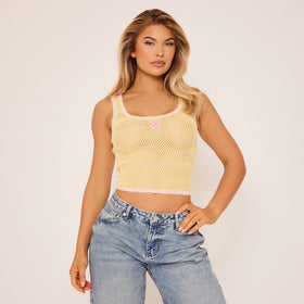 Scoop Neck Contrast Trim Logo Patch Detail Vest Top In Yellow Scoop Neck Contrast Trim Logo Patch Detail Vest Top In Yellow