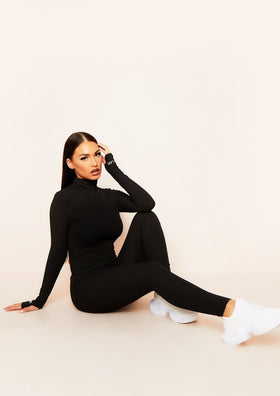 Miley Black Ribbed High Neck Slogan Zip Jumpsuit Miley Black Ribbed High Neck Slogan Zip Jumpsuit