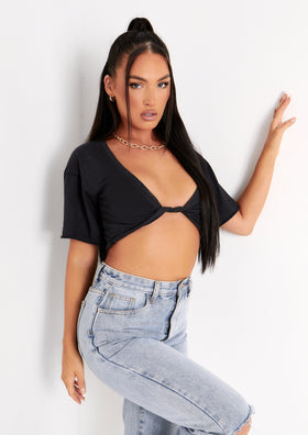 Talia Black Cap Sleeve Twist Front Plunge Crop Top