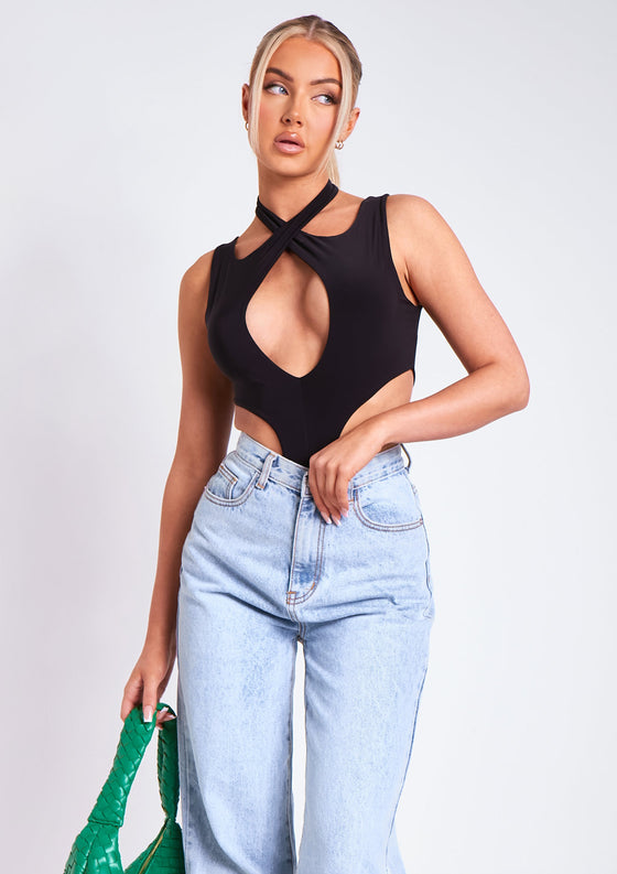 Kayleigh Black Double Layer Cross Over Bodysuit