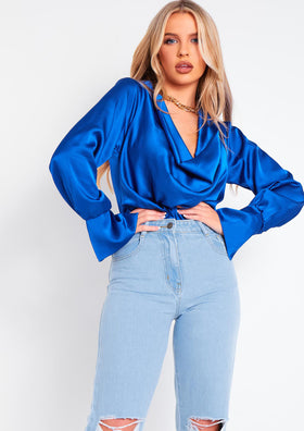 Ivanka Blue Satin Draped Front Long Sleeve Blouse Ivanka Blue Satin Draped Front Long Sleeve Blouse