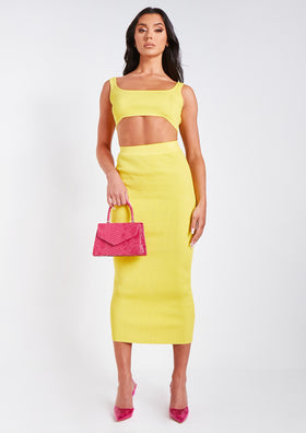 Robyn Yellow Rib Knit Bralet and Midaxi Skirt Co-Ord Set Robyn Yellow Rib Knit Bralet and Midaxi Skirt Co-Ord Set