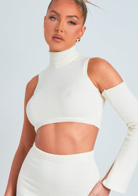 Amber Cream One Sleeve Knitted Crop Top Amber Cream One Sleeve Knitted Crop Top