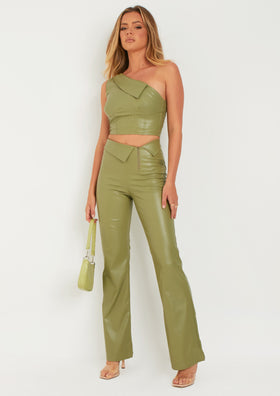 Marlowe Green Fold Over Faux Leather Flare Trouser