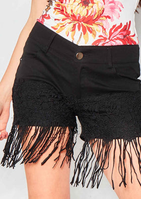 Cordelia Black Denim Crochet Lace Tassel Shorts Cordelia Black Denim Crochet Lace Tassel Shorts