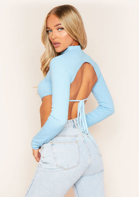 Roderiga Pastel Blue Ribbed High Neck Tie Back Crop Top Roderiga Pastel Blue Ribbed High Neck Tie Back Crop Top
