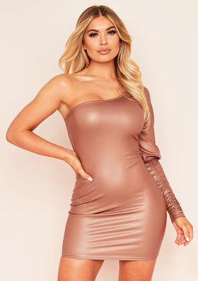 Aleena Brown One Shoulder PU Mini Dress Aleena Brown One Shoulder PU Mini Dress