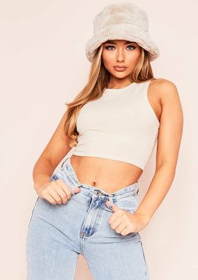 Holly Beige Ribbed Racer Crop Top