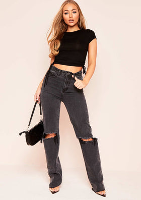 Elif Black Denim Ripped Knee Distressed Hem Straight Leg Jeans Elif Black Denim Ripped Knee Distressed Hem Straight Leg Jeans