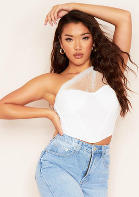 Alia White Draped Mesh Corset Top Alia White Draped Mesh Corset Top