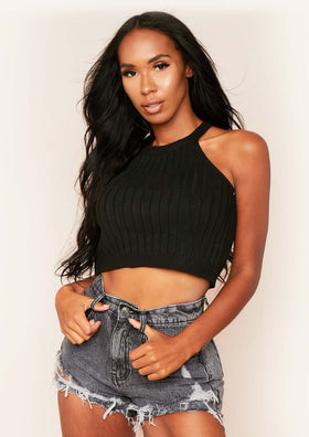 Kacey Black Ribbed Knit Sleeveless Crop Top Kacey Black Ribbed Knit Sleeveless Crop Top