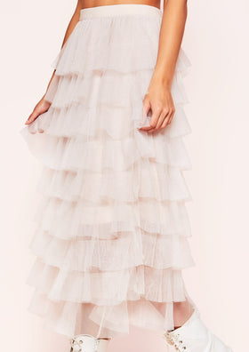 Allie Beige Mesh Layered Midi Skirt Allie Beige Mesh Layered Midi Skirt