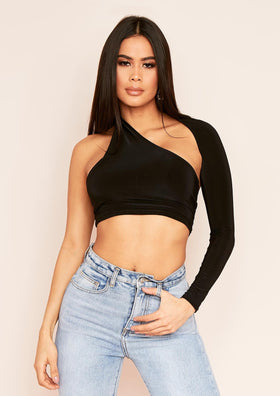 Sam Black One Shoulder Long Sleeve Crop Top Sam Black One Shoulder Long Sleeve Crop Top
