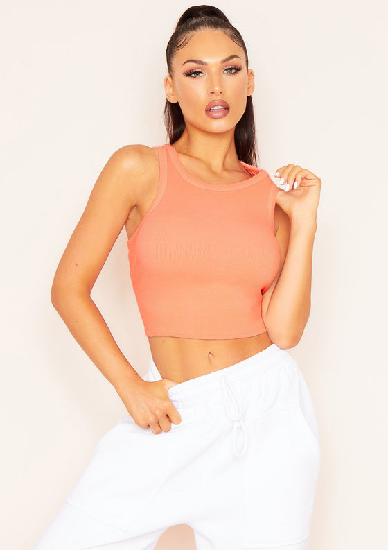Naomi Peach Ribbed Racer Crop Top