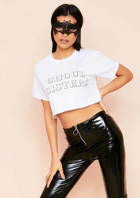 Nicholina White Ghoul Sisters Slogan Cropped Oversized T-Shirt Nicholina White Ghoul Sisters Slogan Cropped Oversized T-Shirt