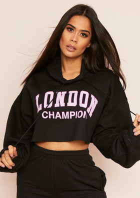Parker Black Slogan Oversized Cropped Hoodie Parker Black Slogan Oversized Cropped Hoodie