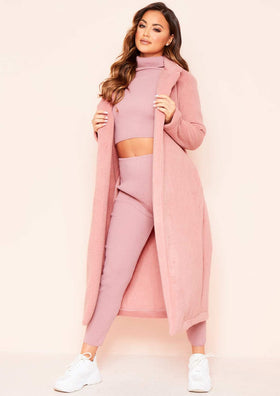 Avarel Pink Longline Belted Wool Coat Avarel Pink Longline Belted Wool Coat