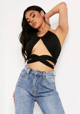 Edith Black Chain Halterneck Wrap Crop Top Edith Black Chain Halterneck Wrap Crop Top