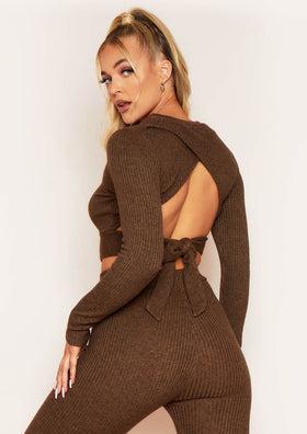 Emma Chocolate Brushed Knit Rib Wrap Back Tie Waist Crop Top Emma Chocolate Brushed Knit Rib Wrap Back Tie Waist Crop Top