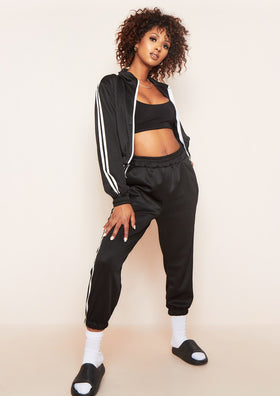 Abigail Black Stripe Side Zip Up Loungewear Set Abigail Black Stripe Side Zip Up Loungewear Set