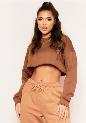 Melanie Chocolate Raw Hem Crew Neck Cropped Sweater Melanie Chocolate Raw Hem Crew Neck Cropped Sweater