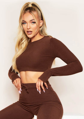 Nayla Chocolate Ribbed Crew Neck Long Sleeve Crop Top Nayla Chocolate Ribbed Crew Neck Long Sleeve Crop Top