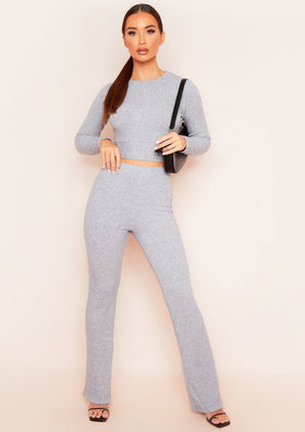 Miranda Light Grey Flare Brushed Ribbed Trousers Miranda Light Grey Flare Brushed Ribbed Trousers