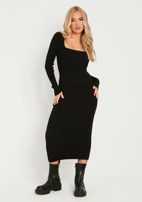 Kim Black Knit Square Neck Long Sleeve Midi Dress Kim Black Knit Square Neck Long Sleeve Midi Dress