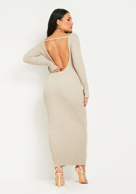 Lori Oatmeal Rib Knit Long Sleeve Backless Midaxi Dress Lori Oatmeal Rib Knit Long Sleeve Backless Midaxi Dress