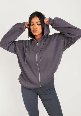 Dani Charcoal Ski Paradise Embroidered Oversized Zip Through Hoodie Dani Charcoal Ski Paradise Embroidered Oversized Zip Through Hoodie