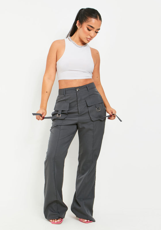 Laura Charcoal Pocket Detail Straight Leg Cargo Trousers