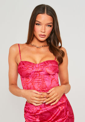 Fiona Pink Printed Lace Effect Satin Corset Top Fiona Pink Printed Lace Effect Satin Corset Top