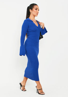 Maura Blue Knitted Collar Flared Sleeve Midi Dress Maura Blue Knitted Collar Flared Sleeve Midi Dress