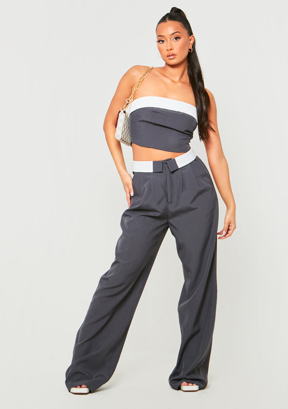 Gracie Charcoal Fold Over Waist Wide Leg Trousers